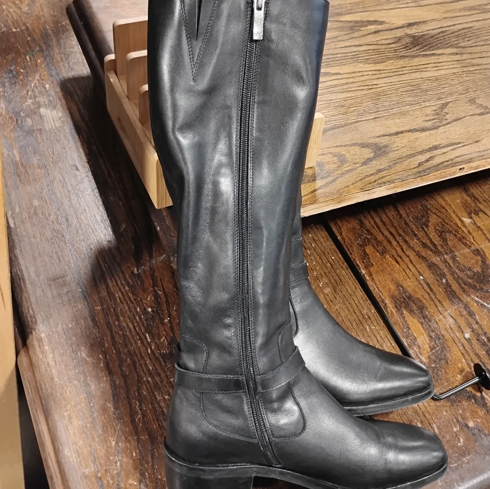 Aquatalia Italian Jessa Black Leather Riding Boot Black Leather Stretch SZ:6.5..